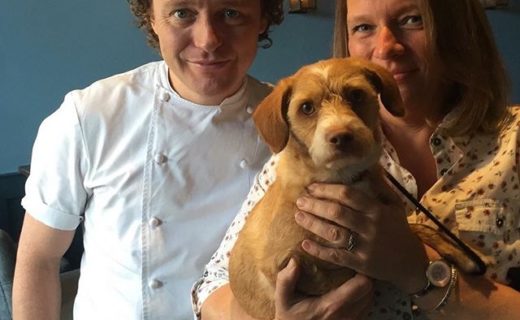 Wee Pedro catching up with Tom Kitchin in the Scran & Scallie, Edinburgh – pic Wendy Morris.